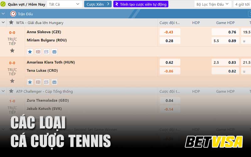 Các loại cá cược Tennis Betvisa